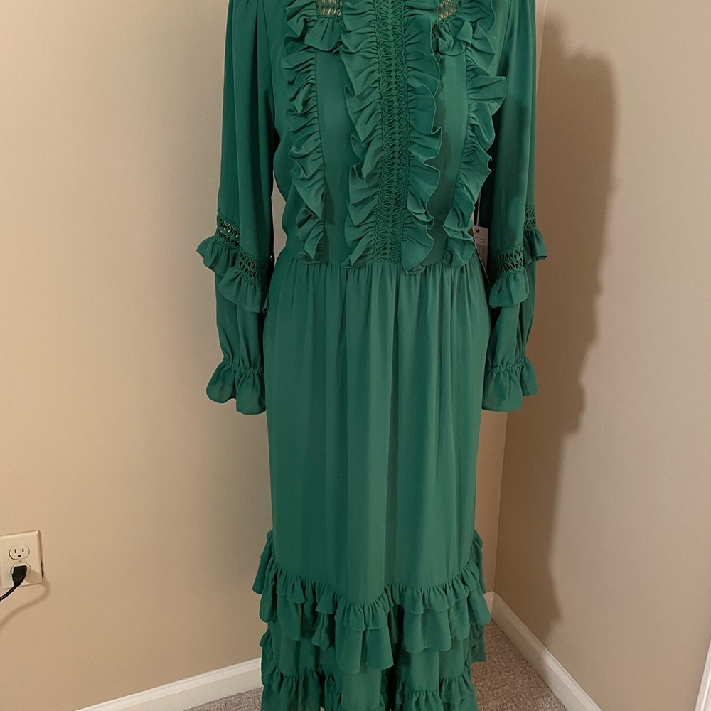 Green Smocked Gown with Bishop Sleeves